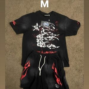 Black and Red Graphic T-Shirt and Shorts Set